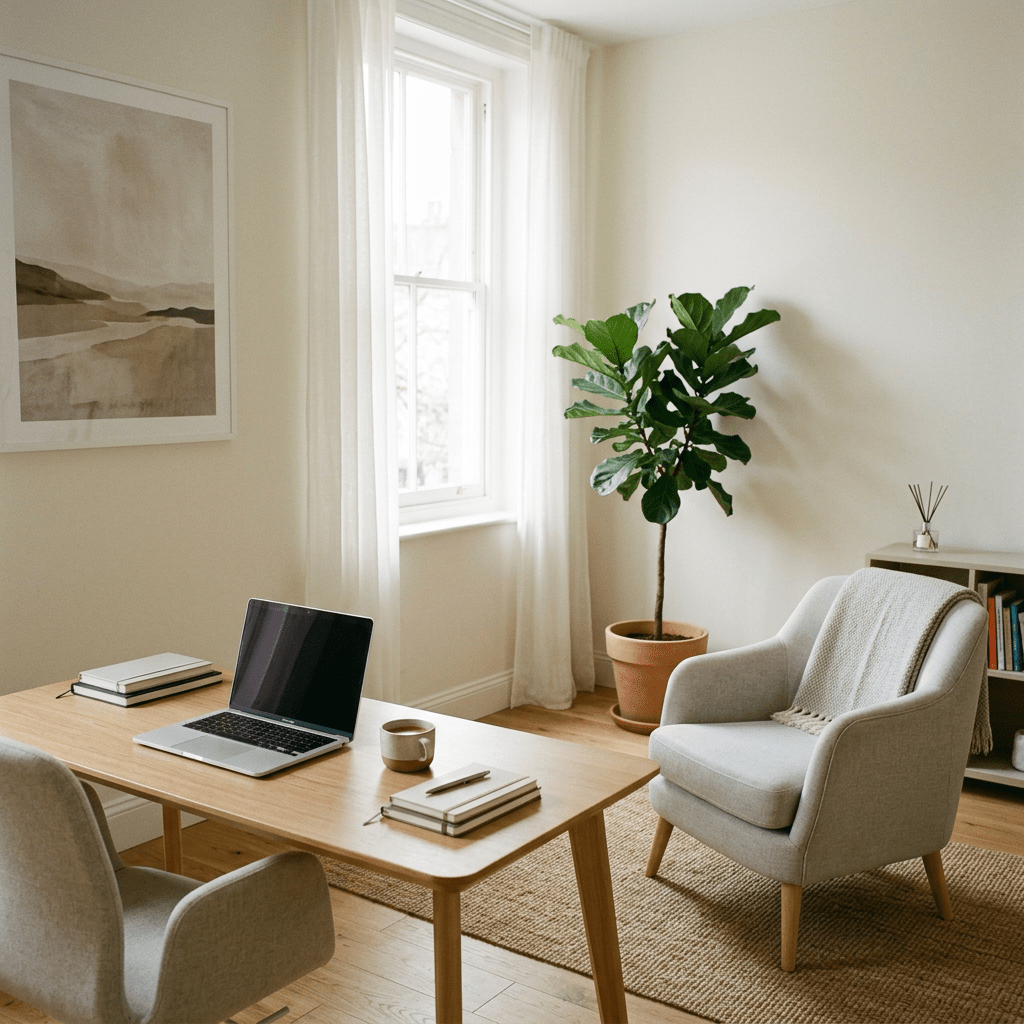Home office with wooden desk, laptop, comfortable chairs, and a potted plant