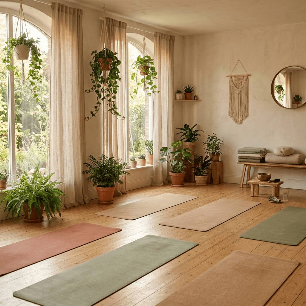 Yoga studio with mats on wooden floor, potted plants, hanging greenery, and soft curtains