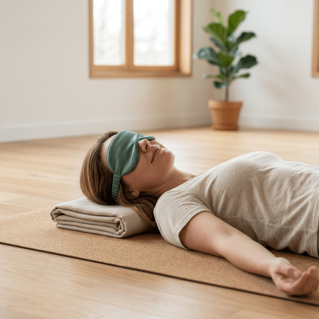 Person sleeping on side with blue eye mask under warm blanket
